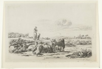 Paisaje con una pastora y un perro con un rebaño de ovejas de Simon van den Berg