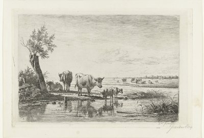 Paisaje de pasto con vacas cerca del agua. de Simon van den Berg