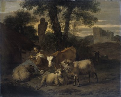 Paisaje italiano con pastora y rebaños de Simon van der Does