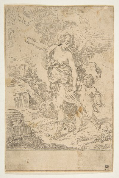 Un ángel guardián caminando con un niño, ca. 1640 de Simone Cantarini
