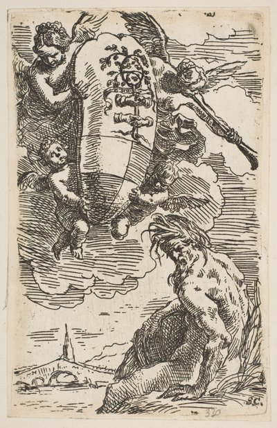 Alegoría del río Foglia con el escudo de armas de la ciudad de Pesaro, frontispicio para..., ca. 1639 de Simone Cantarini