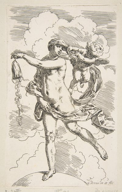 Fortuna de pie sobre un globo vaciando una bolsa de monedas, ca. 1635-1636 de Simone Cantarini