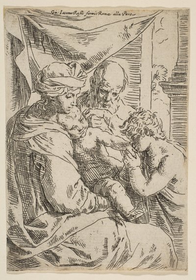 Sagrada Familia con San Juan Bautista besando la mano del niño Jesús, ca. 1642 de Simone Cantarini