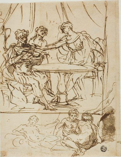 Judith con la Cabeza de Holofernes y Bocetos de Dioses del Río (recto); Cabeza Femenina, Mirando Hacia Arriba (verso) de Simone Cantarini