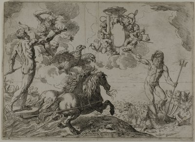 Júpiter, Neptuno y Plutón Ofreciendo sus Coronas a los Brazos del Cardenal Borghese de Simone Cantarini