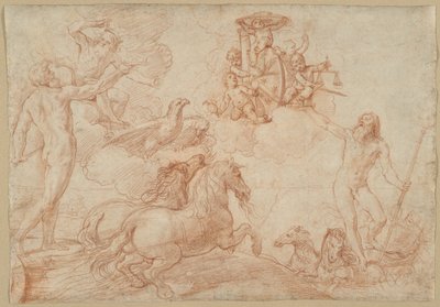 Júpiter, Neptuno y Plutón rindiendo homenaje al escudo de armas del Cardenal Borghese de Simone Cantarini