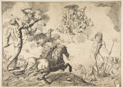 Júpiter, Neptuno y Plutón ofreciendo sus coronas a los brazos del Cardenal Borghese de Simone Cantarini