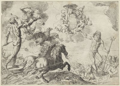 Júpiter, Neptuno y Plutón ofrecen sus coronas a los brazos del cardenal Scipione Borghese Tesis Júpiter, Neptuno y Plutón coronas suas offerunt armis (título sobre objeto) de Simone Cantarini