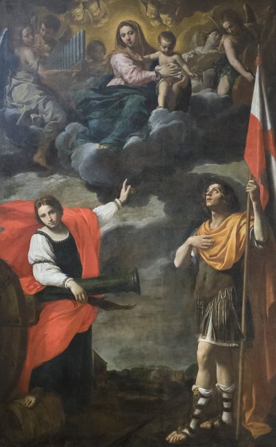 Virgen en gloria con el niño y los santos Bárbara y Terencio, c.1630 (óleo sobre lienzo) de Simone Cantarini