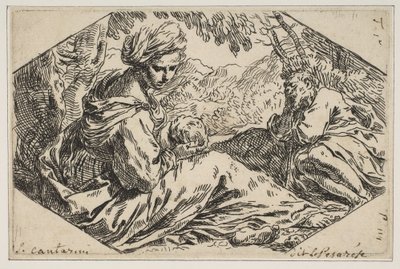 Reposo en Egipto, María sosteniendo y mirando al niño Cristo mientras San José... de Simone Cantarini
