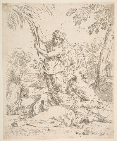 Reposo en Egipto, María amamantando al niño Cristo mientras un ángel tira de las ramas de un árbol de Simone Cantarini