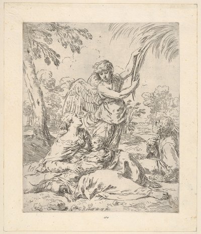Reposo en Egipto, María amamantando al niño Jesús mientras un ángel tira de una rama de árbol de Simone Cantarini