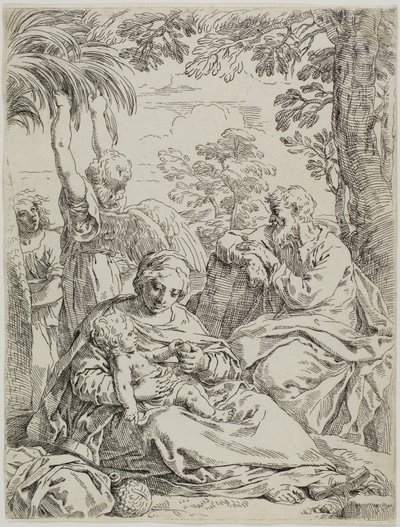 Descanso en la Huida a Egipto de Simone Cantarini
