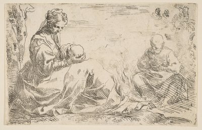 Descanso en la huida a Egipto, María sosteniendo y mirando al niño Cristo mientras San..., ca. 1637 de Simone Cantarini