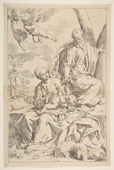 Descanso en la huida a Egipto, María sosteniendo al niño Cristo mientras San José le da de comer, ca. 1639 de Simone Cantarini