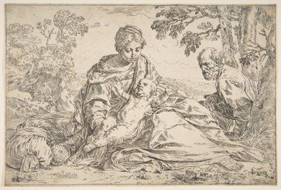 Descanso en la huida a Egipto, María sosteniendo al niño Cristo con San José a la derecha, ca. 1640 de Simone Cantarini