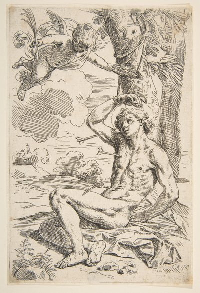 San Sebastián atravesado por flechas y atado a un árbol, ca. 1639 de Simone Cantarini