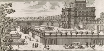 Vista de la fachada lateral del Palazzo Pamphili y su jardín Segundo prospetto pe..., después de 1677 de Simone Felice