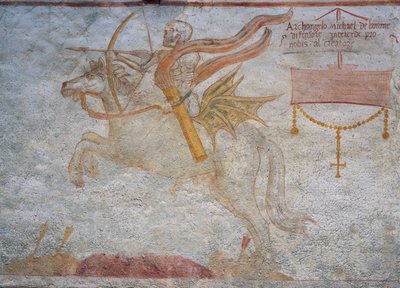 La muerte cabalgando apuntando una flecha de Simone II Baschenis