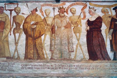 La Muerte con el Emperador, el Rey y la Reina (detalle de La Danza de la Muerte) de Simone II Baschenis