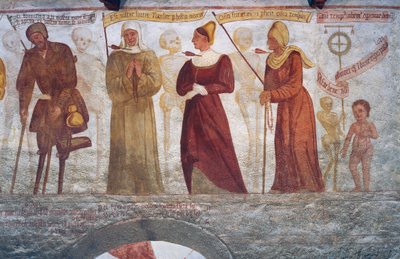 La muerte con el hombre cojo, la monja, la joven, la anciana y el niño, detalle de La Danza de la Muerte de Simone II Baschenis