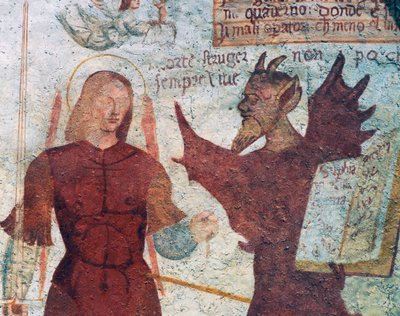 El Arcángel Miguel y el diablo con el libro de los siete pecados capitales (detalle) de Simone II Baschenis