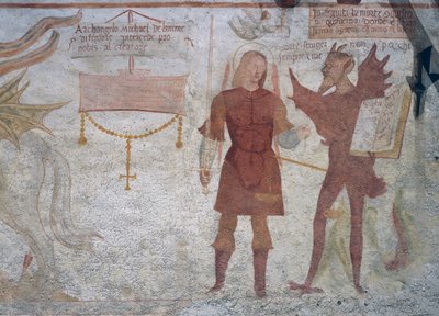 El Arcángel Miguel y el diablo con el libro de los siete pecados capitales (detalle) de Simone II Baschenis