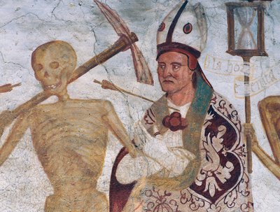 El Obispo y la Muerte (detalle) de La Danza de la Muerte de Simone II Baschenis