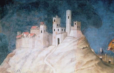 Conmemoración de Guidoriccio da Fogliano en el sitio de Montemassi (detalle de la fortaleza de Montemassi) de Simone Martini