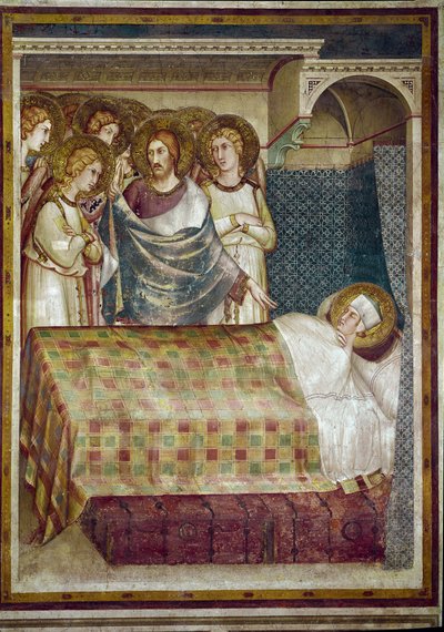 Fresco de la vida de San Martín. El sueño de San Martín: Cristo, rodeado de ángeles, le revela que él era el mendigo a quien le dio su abrigo. Fresco de Simone Martini. de Simone Martini