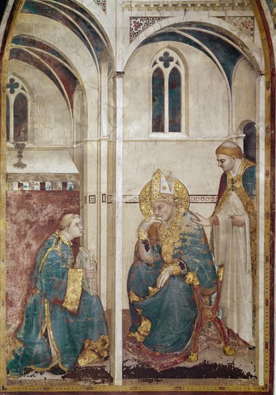Vida de San Martín de Tours (316-397): San Martín en meditación (San Martín de Tours meditando) - Fresco de Simone Martini (ca. 1284-1344), ca. 1312-1317, cm. 390x200 - Basílica de San Francisco de Asís, iglesia inferior, capilla de San Martín, Asís. de Simone Martini