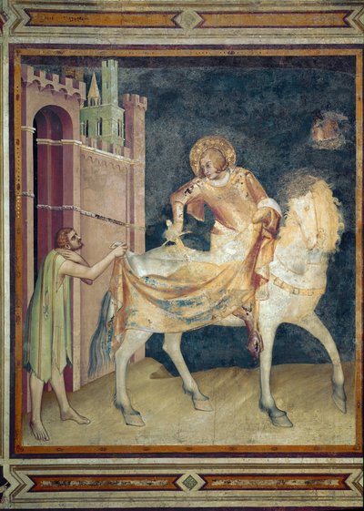 San Martín comparte su abrigo con un mendigo. Fresco de Simone Martini. 1315. Basílica Inferior de San Francisco de Asís, Capilla de San Martín. de Simone Martini