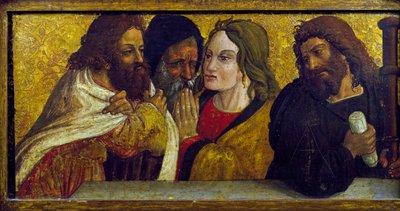 Última Cena, detalle de la predela del políptico de Simone da Firenze, Iglesia de Santi Pietro e Paolo, San Chirico Raparo (Potenza), Basilicata, Italia. de Simone da Firenze