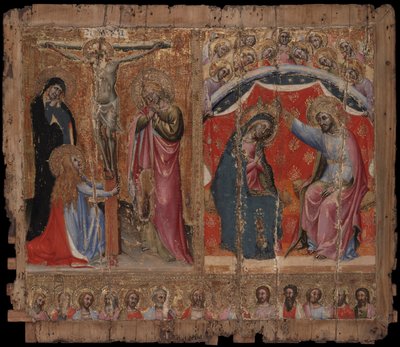 Pequeño retablo que muestra la Crucifixión, la Coronación de la Virgen María y Cristo y los Apóstoles de Simone dei Crocifissi
