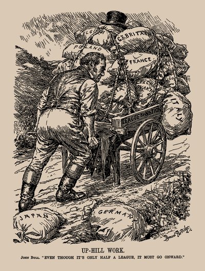 Trabajo cuesta arriba. John Bull. Aunque sea solo media legua, debe continuar, 1935 de Sir Bernard Partridge