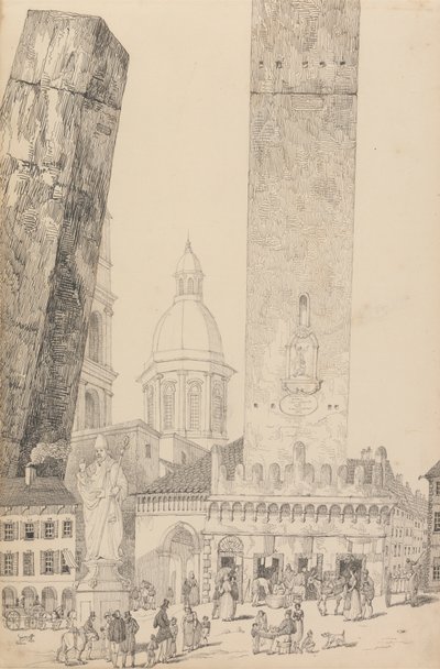 Álbum de 30 vistas del Tirol e Italia: Torres inclinadas, Estatua de San Francisco, Bolonia 12 Nov.r 1840 de Sir Charles D