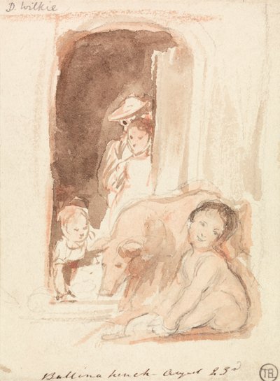 Niños con cerdo en una puerta de Ballynahinch, Irlanda de Sir David Wilkie