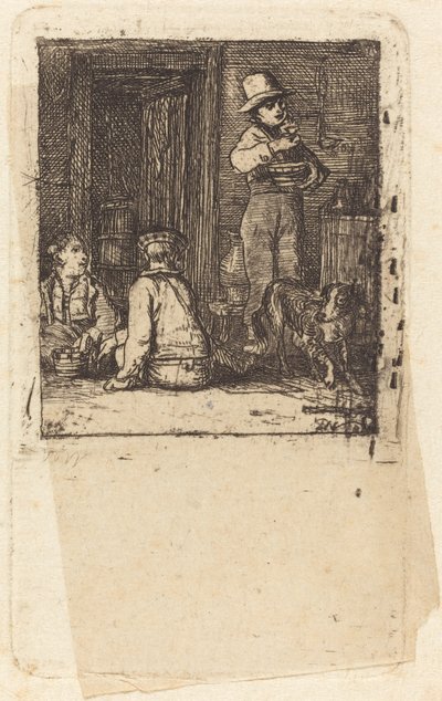 Interior con tres niños y un perro de Sir David Wilkie