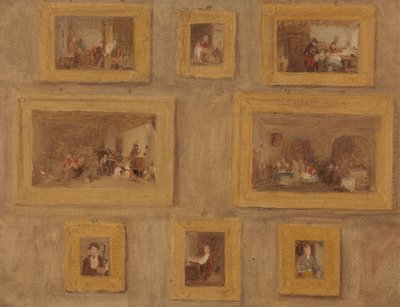 El hijo único; El arpa del judío; El dedo cortado; El búfalo del ciego; El día del alquiler; El gaitero escocés; El Prieu-Dieu; y Autorretrato: Boceto de los ocho cuadros enmarcados y colgados en la pared. de Sir David Wilkie