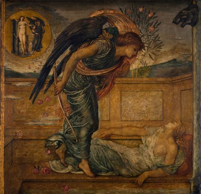 Cupido y Psique - Murales de Palace Green - Cupido encontrando a Psique dormida junto a una fuente de Sir Edward Coley Burne Jones