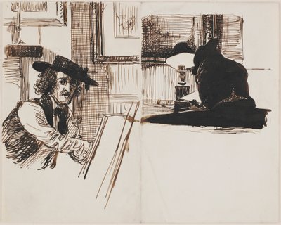 Whistler dibujando a Poynter; vista trasera de un hombre sentado en una mesa cerca de una lámpara encendida de Sir Edward John Poynter