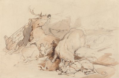 Sabuesos y cazadores atacando ciervos de Sir Edwin Henry Landseer