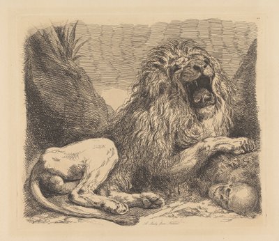 Un estudio de la naturaleza; un león entre rocas, rugiendo, un cráneo humano abajo a la derecha de Sir George Hayter