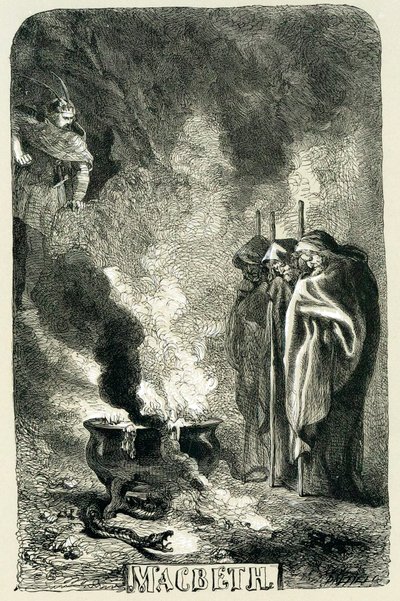 Macbeth visitando a las tres brujas en el páramo desolado de Sir John Gilbert