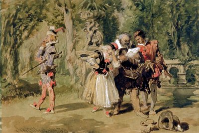 Sir Andrew Aguecheek escribe un desafío, 1859 de Sir John Gilbert