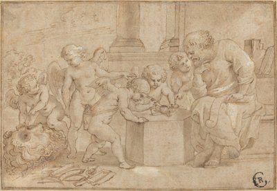 Hombre anciano observando a putti diseccionar un ojo de Sir Peter Paul Rubens