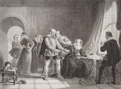 María Reina de Escocia (1542-87) obligada a firmar su abdicación en el Castillo de Lochleven en 1567, de 