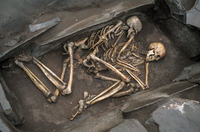 Los huesos de dos escitas yacen en una tumba de 3000 años de antigüedad en Arzhan-2., 2003 (foto) de Sisse Brimberg