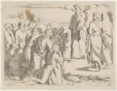 Moisés muestra las tablas de la ley al pueblo Escenas bíblicas (título de serie) Historia del Testamento Vecchio / Dipinta in Roma nel Vaticano da Raffaelle di Urbino (...) (título de serie) de Sisto Badalocchio