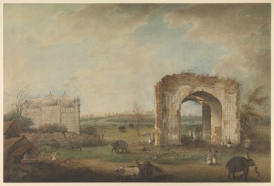 Vista de una mezquita y una puerta en Motijhil, c.1814-23 (acuarela opaca sobre papel) de Sita Ram (attr. to)
